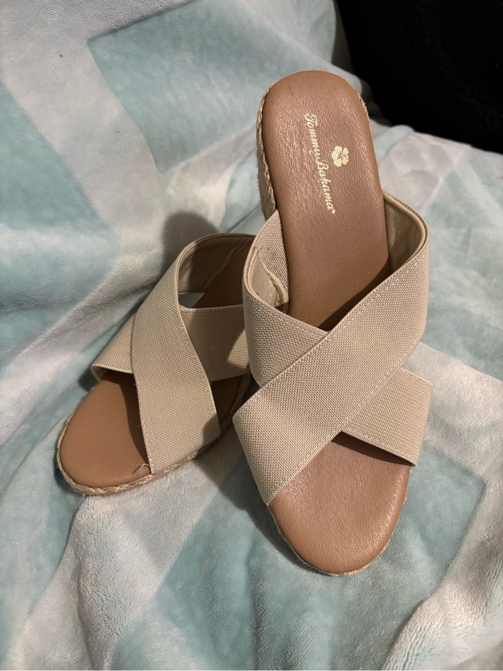 Tommy Bahama Beige Crisscross Espadrille Wedge Slides